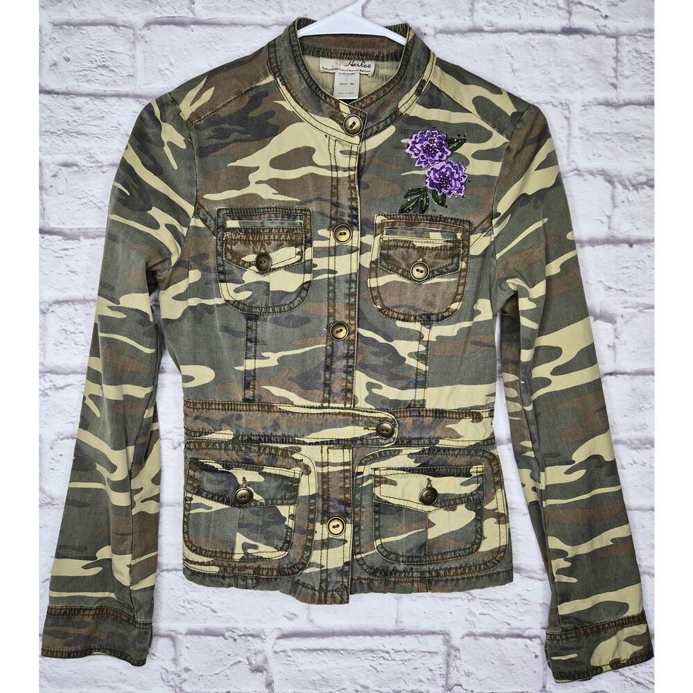 Vtg Y2K Hailee Camo Jacket S Purple Floral Embroidery Beaded Sequin Military